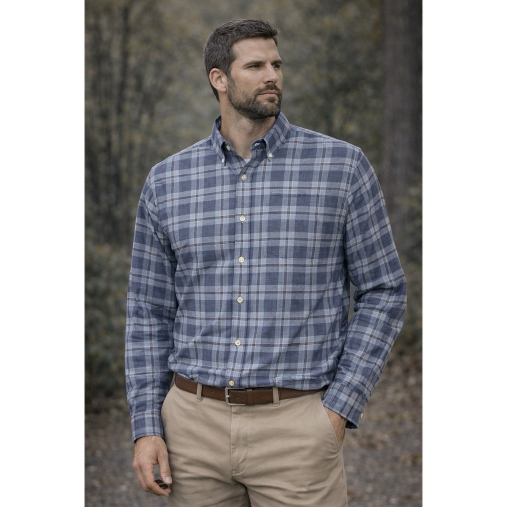 Peter Millar Autumn Soft Ledson Plaid Sport Shirt "Enjoy Untucked" Storm Blue XL